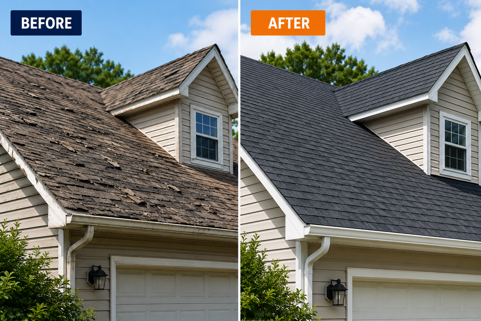 Before and after photos of a completed roofing project
